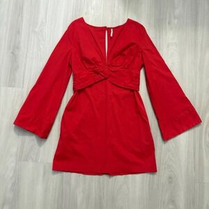 Free People Mini Dress Women Red Bell Sleeve V-Neck Twisted Waist Button Back S